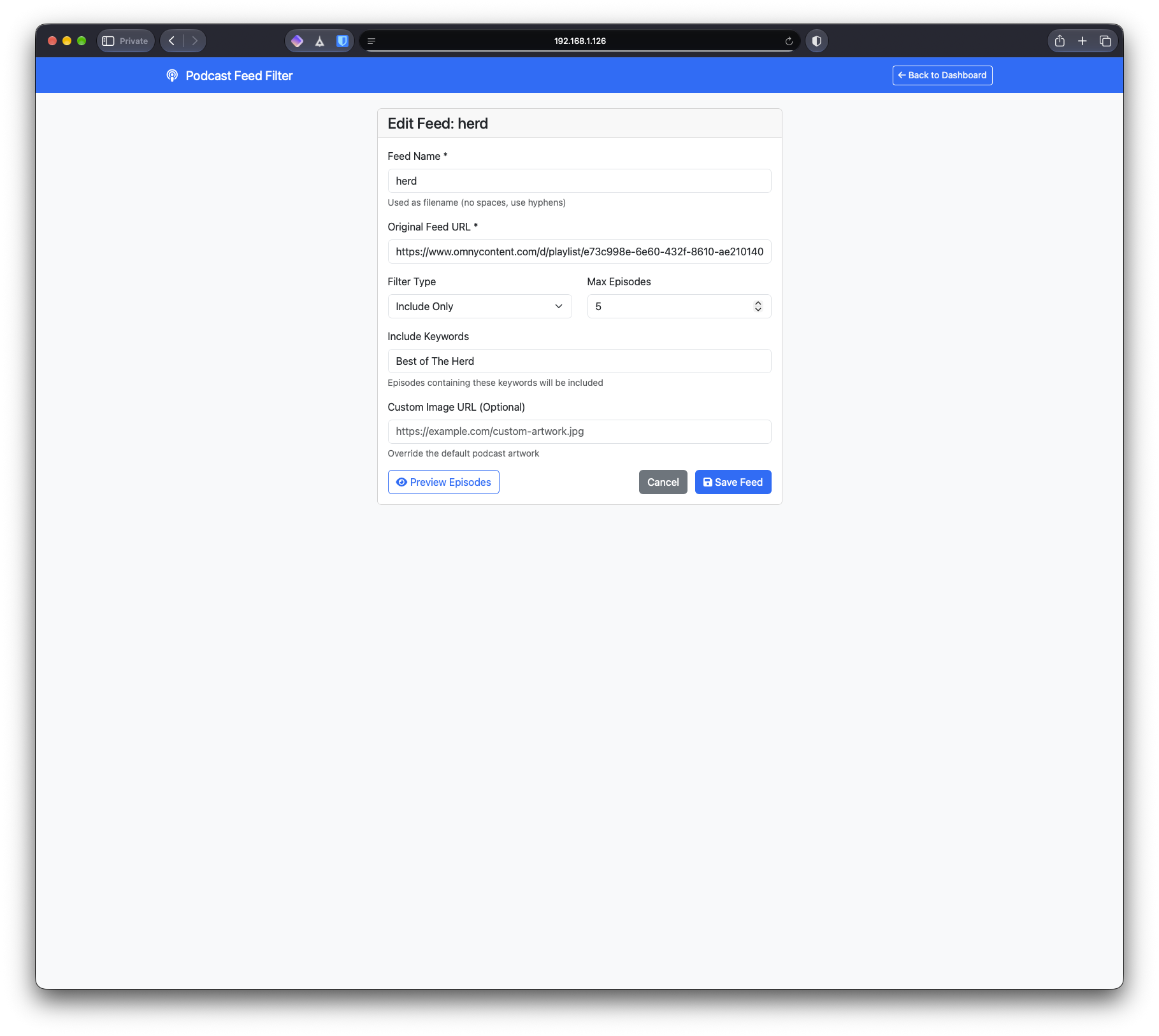 Creating a feed with include and exclude keywords